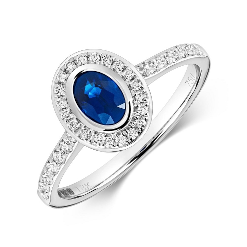 Bezel Setting Oval Diamond halo and Blue Sapphire Gemstone Engagement Rings