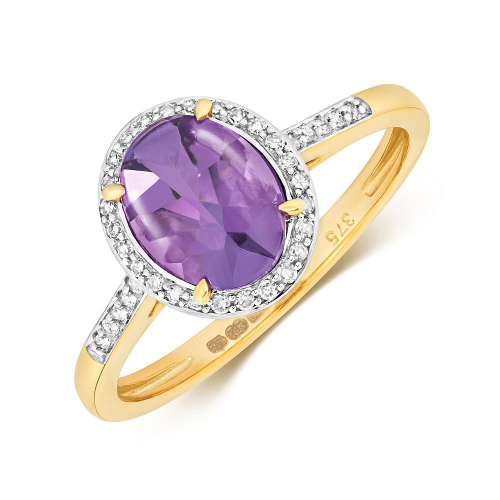 4 Prong Oval Yellow Gold Halo diamond and 8x6mm Naturally Mined Diamond Engagement Rings