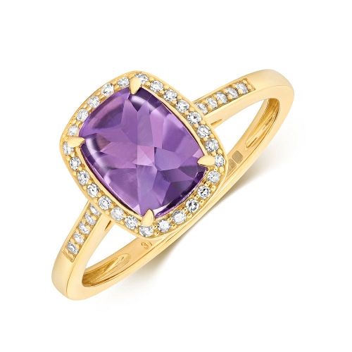 4 Prong Cushion Yellow Gold Halo diamond and 8x6mm Naturally Mined Diamond Engagement Rings