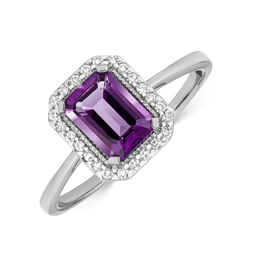 Gemstone Ring With 7X5mm Emerald Shape Amethyst and Diamonds