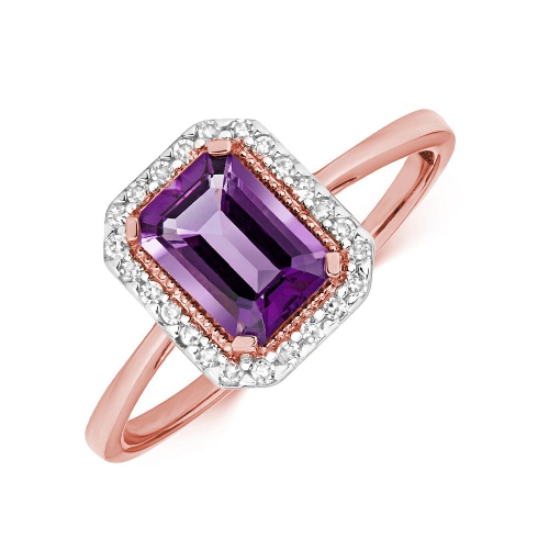 4 Prong Emerald Rose Gold Halo diamond and 7x5mm Naturally Mined Diamond Engagement Rings