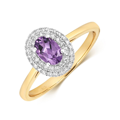4 Prong Oval Yellow Gold Halo diamond and 6x4mm Naturally Mined Diamond Engagement Rings