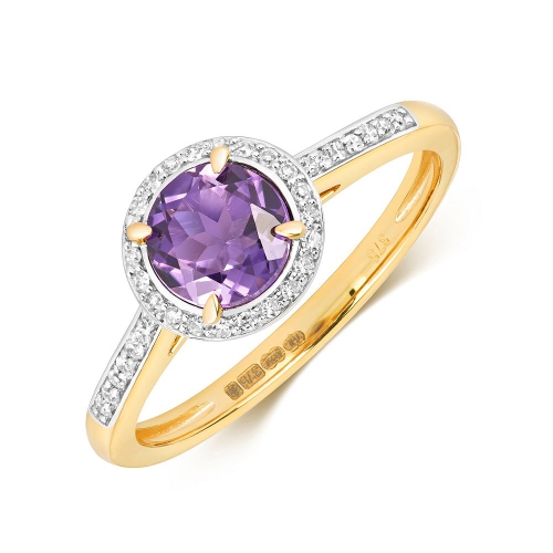 4 Prong Round Yellow Gold Halo diamond and 6mm Naturally Mined Diamond Engagement Rings