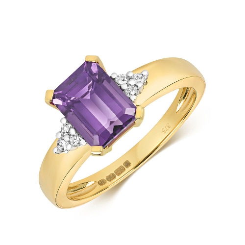 4 Prong Emerald Yellow Gold 9x6mm accented diamond and Naturally Mined Diamond Engagement Rings
