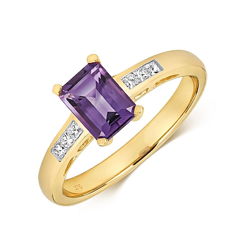 4 Prong Emerald Yellow Gold 7x5mm accented diamond and Naturally Mined Diamond Engagement Rings