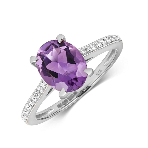 Gemstone Ring With 9X7mm Oval Shape Amethyst and Diamonds