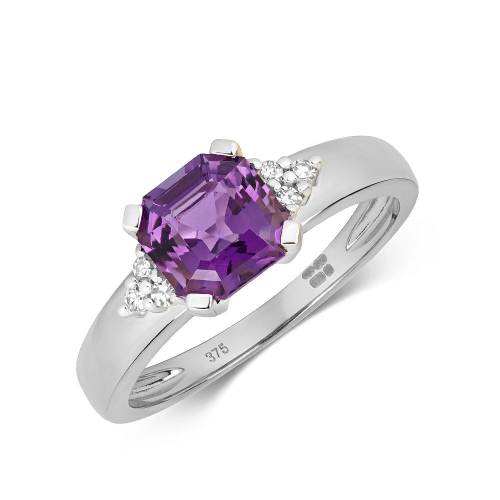 Gemstone Ring With 6.5mm Asscher Shape Amethyst and Diamonds