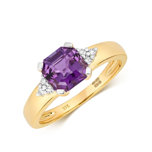 4 Prong Asscher Yellow Gold 6.50mm accented diamond and Lab Grown Diamond Gemstone Engagement Rings