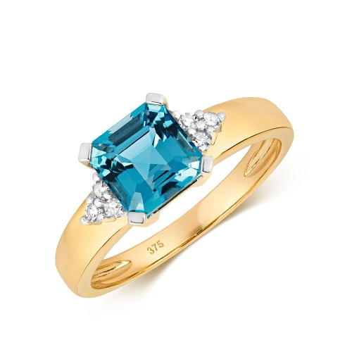 4 Prong Asscher Yellow Gold Blue Topaz Gemstone Engagement Rings