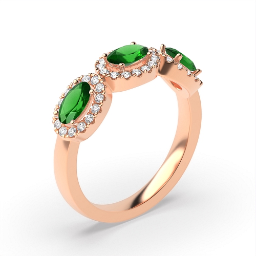 4 Prong Oval Rose Gold Three stone halo diamond and Lab Grown Diamond Gemstone Engagement Rings