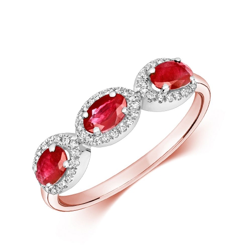 4 Prong Oval Rose Gold Three stone halo diamond and Naturally Mined Diamond Gemstone Engagement Rings