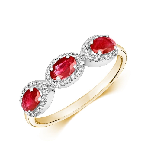 4 Prong Oval Yellow Gold Three stone halo diamond and Naturally Mined Diamond Gemstone Engagement Rings