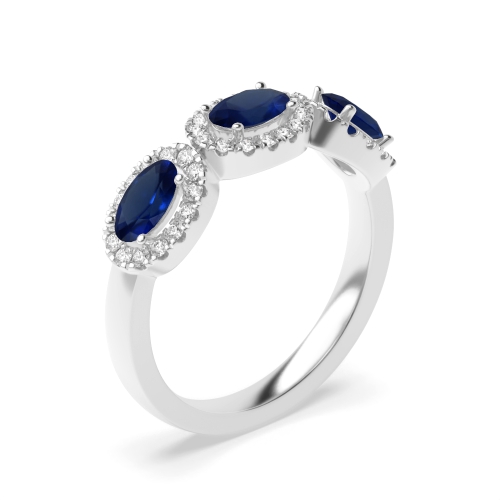 4 Prong Oval Three stone halo diamond and Blue Sapphire Gemstone Engagement Rings