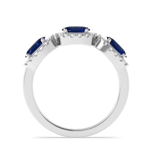 4 Prong Oval Three stone halo diamond and Blue Sapphire Gemstone Engagement Rings