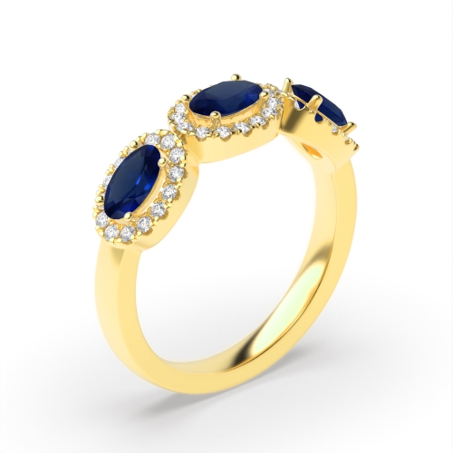 4 Prong Oval Yellow Gold Three stone halo diamond and Naturally Mined Diamond Gemstone Engagement Rings