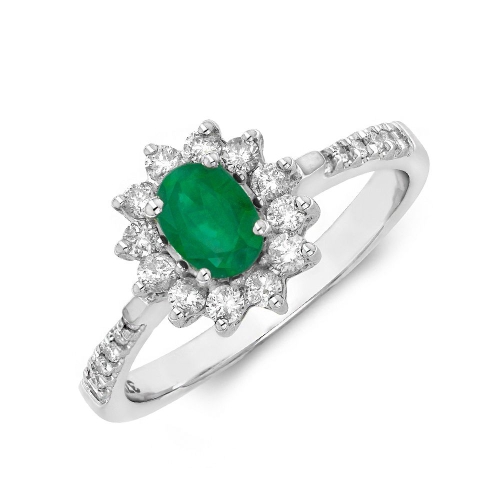 4 Prong Oval Flower style halo diamond and Emerald Gemstone Engagement Rings