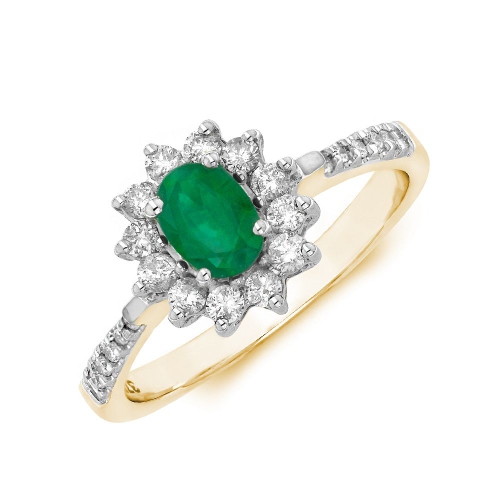 4 Prong Oval Yellow Gold Flower style halo diamond and Naturally Mined Diamond Engagement Rings