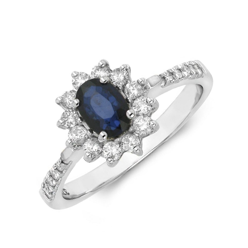 4 Prong Oval Flower style halo diamond and Blue Sapphire Gemstone Engagement Rings