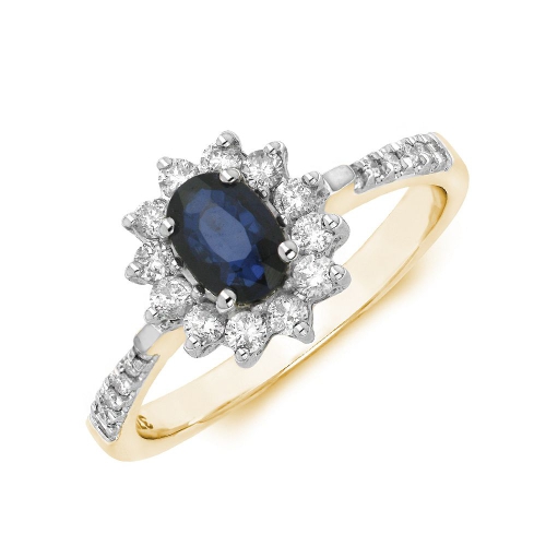 4 Prong Oval Yellow Gold Flower style halo diamond and Naturally Mined Diamond Engagement Rings