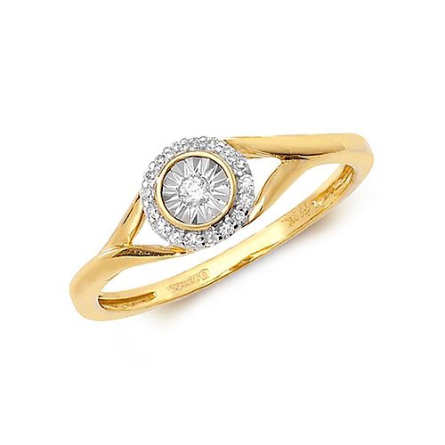 4 Prong Round Yellow Gold Illusion split shoulder Cluster Engagement Rings