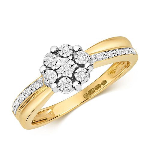 4 Prong Round Yellow Gold Split shoulder flower illusion Cluster Engagement Rings