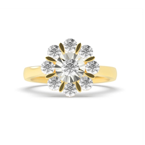 4 Prong Round Yellow Gold Illusion flower Cluster Engagement Rings