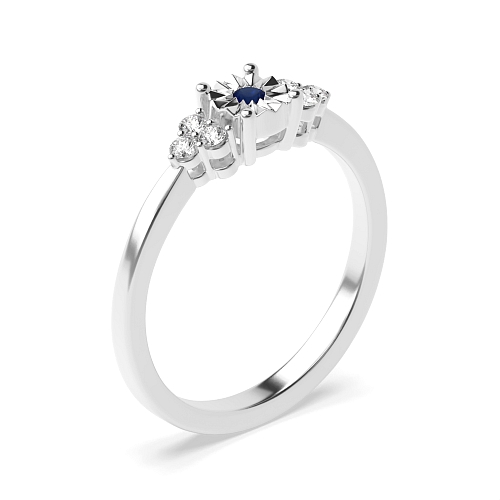 4 Prong Round Illusion low set Blue Sapphire Side Stone Diamond Ring