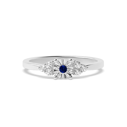 4 Prong Round Illusion low set Blue Sapphire Side Stone Diamond Ring