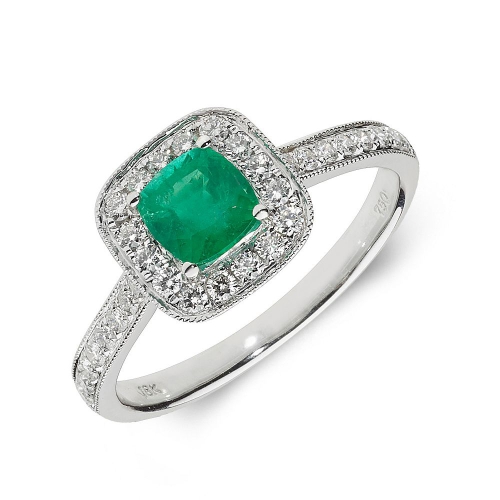 4 Prong Cushion White Gold Emerald Gemstone Diamond Ring