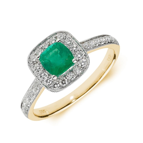 Gemstone Ring With 0.6Ct Cushion Shape Emerald And Diamonds