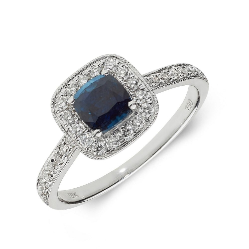 4 Prong Cushion Milligrain halo diamond and Blue Sapphire Gemstone Engagement Rings