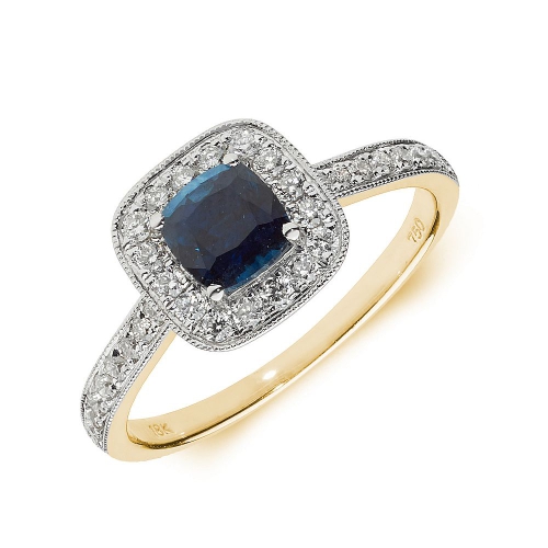 4 Prong Cushion Yellow Gold Milligrain halo diamond and Naturally Mined Diamond Engagement Rings