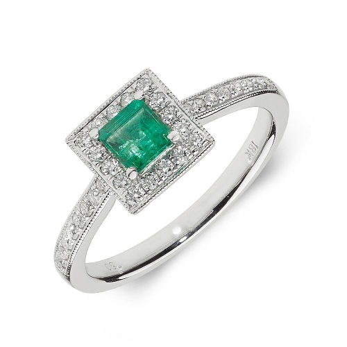 4 Prong Princess White Gold Emerald Gemstone Diamond Ring