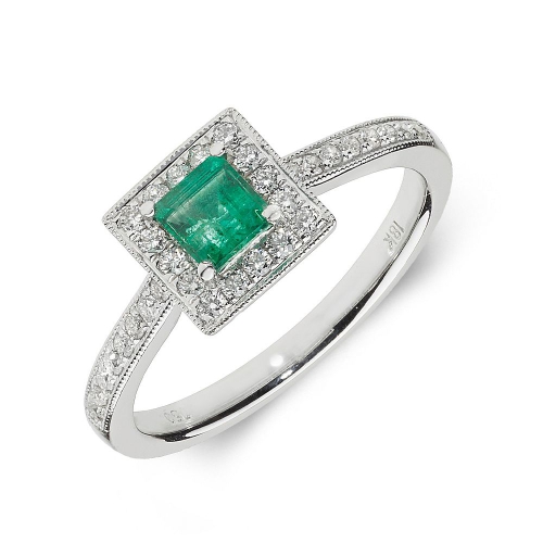 4 Prong Princess Square halo milligrain diamond and Emerald Gemstone Engagement Rings