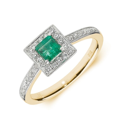 4 Prong Princess Yellow Gold Square halo milligrain diamond and Naturally Mined Diamond Engagement Rings