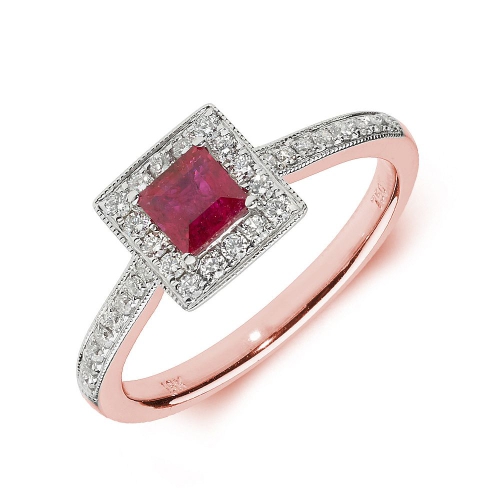 Gemstone Ring With 0.4ct Princess Shape Ruby and Diamonds