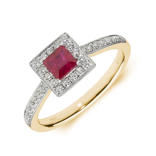 4 Prong Princess Yellow Gold Square halo milligrain diamond and Naturally Mined Diamond Engagement Rings