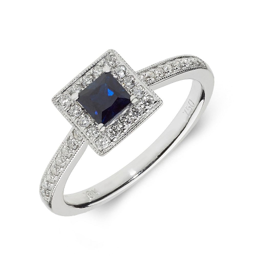 4 Prong Princess White Gold Blue Sapphire Gemstone Diamond Ring