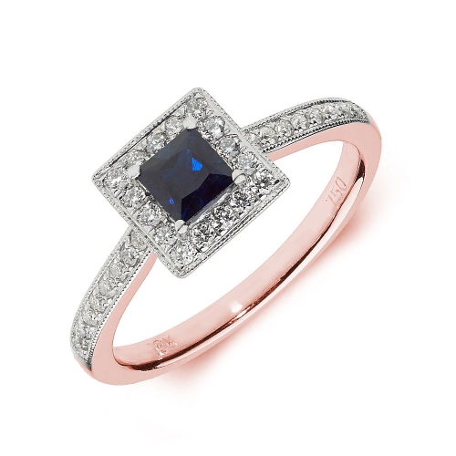 4 Prong Princess Rose Gold Square halo milligrain diamond and Naturally Mined Diamond Engagement Rings