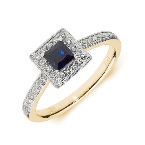4 Prong Princess Yellow Gold Square halo milligrain diamond and Naturally Mined Diamond Engagement Rings