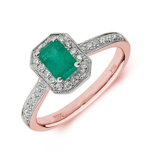 4 Prong Emerald Rose Gold Halo milligrain diamond and Naturally Mined Diamond Gemstone Engagement Rings