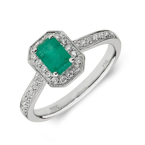 4 Prong Emerald Silver Halo milligrain diamond and Lab Grown Diamond Gemstone Engagement Rings