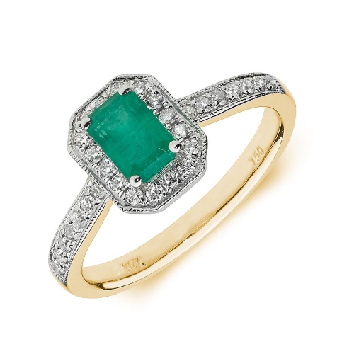 4 Prong Emerald Yellow Gold Halo milligrain diamond and Naturally Mined Diamond Gemstone Engagement Rings
