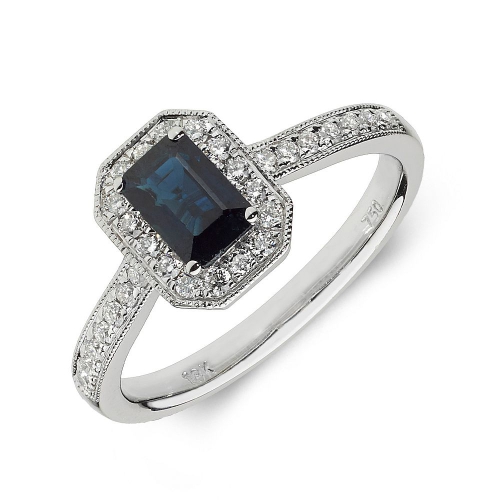 4 Prong Emerald White Gold Blue Sapphire Gemstone Diamond Ring