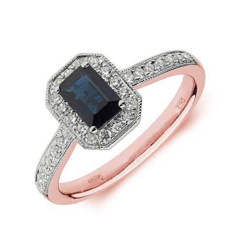 4 Prong Emerald Rose Gold Halo milligrain diamond and Naturally Mined Diamond Engagement Rings
