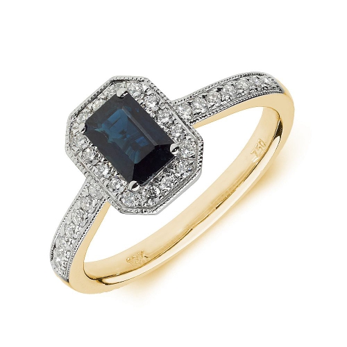 4 Prong Emerald Yellow Gold Halo milligrain diamond and Naturally Mined Diamond Engagement Rings
