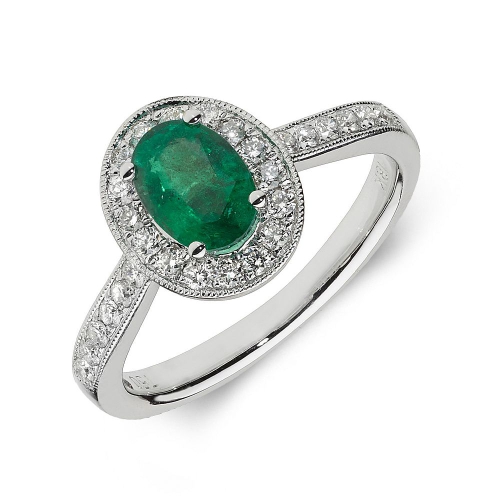 4 Prong Oval Halo milligrain diamond and Emerald Gemstone Engagement Rings