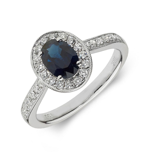 4 Prong Oval Halo milligrain diamond and Blue Sapphire Gemstone Engagement Rings