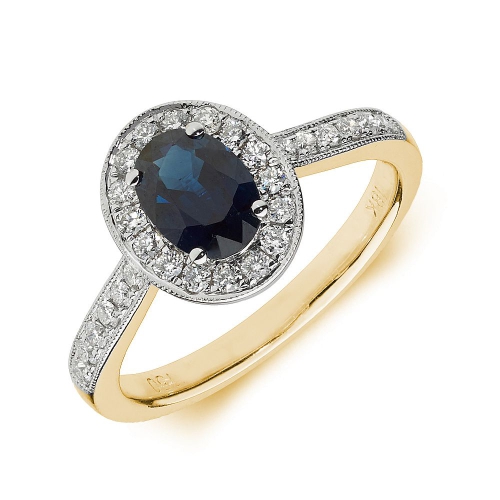4 Prong Oval Yellow Gold Halo milligrain diamond and Naturally Mined Diamond Engagement Rings