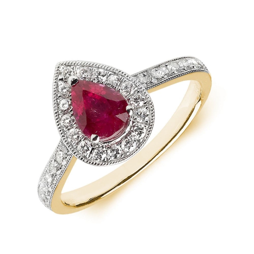 Prong Pear Yellow Gold Halo milligrain diamond and Naturally Mined Diamond Engagement Rings